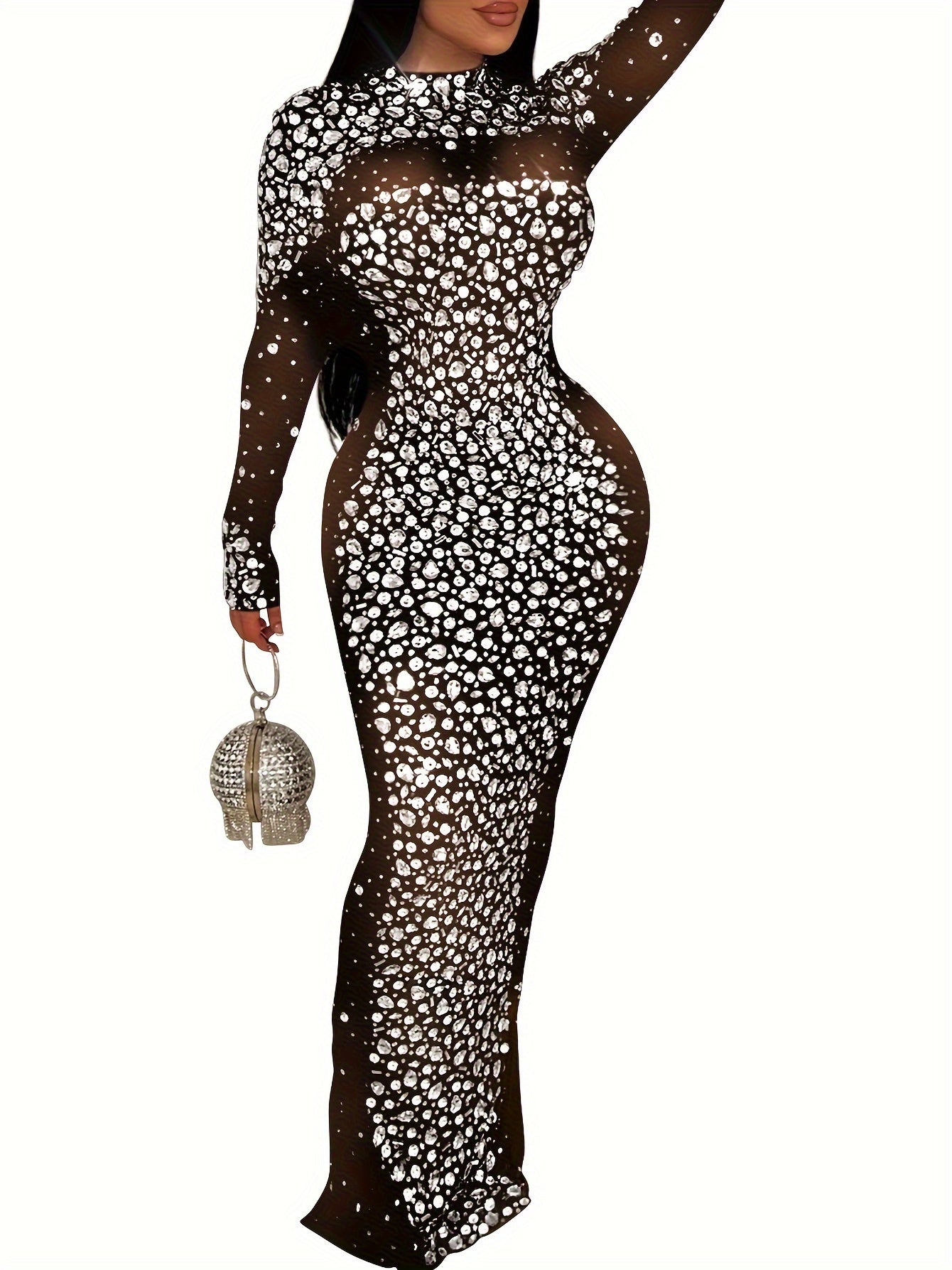 Luxurious Long Sleeve Elegant Rhinestone Dress - Exquisite Skinny Silhouette, Glamorous Formal Design for Upscale Party and Banquet Occasions - Stylish Womens Formal Wear